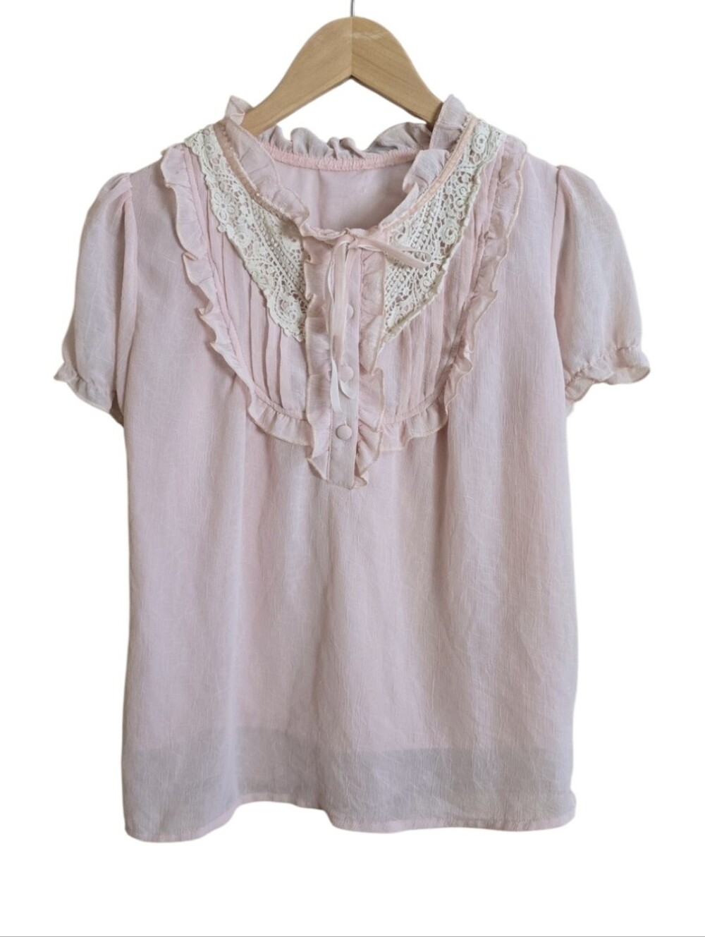 Pink & White Lolita Puff Sleeve Ruffled Button And Bow Blouse. Est Medium